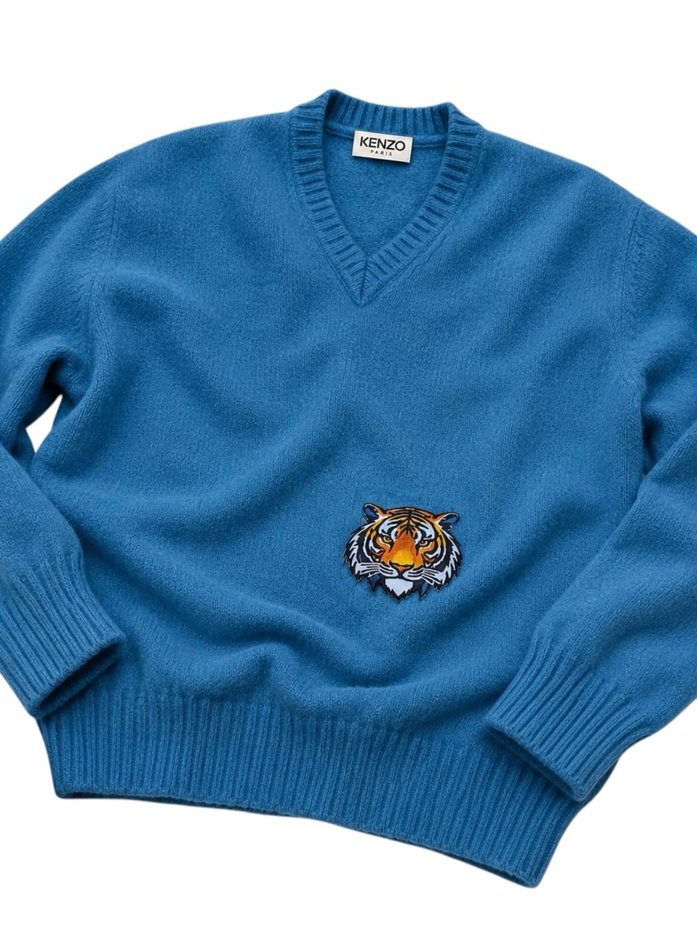 Valentino Jeans Vintage Virgin Wool V Neck Sweater Blue Tiger Patch Women’s XL